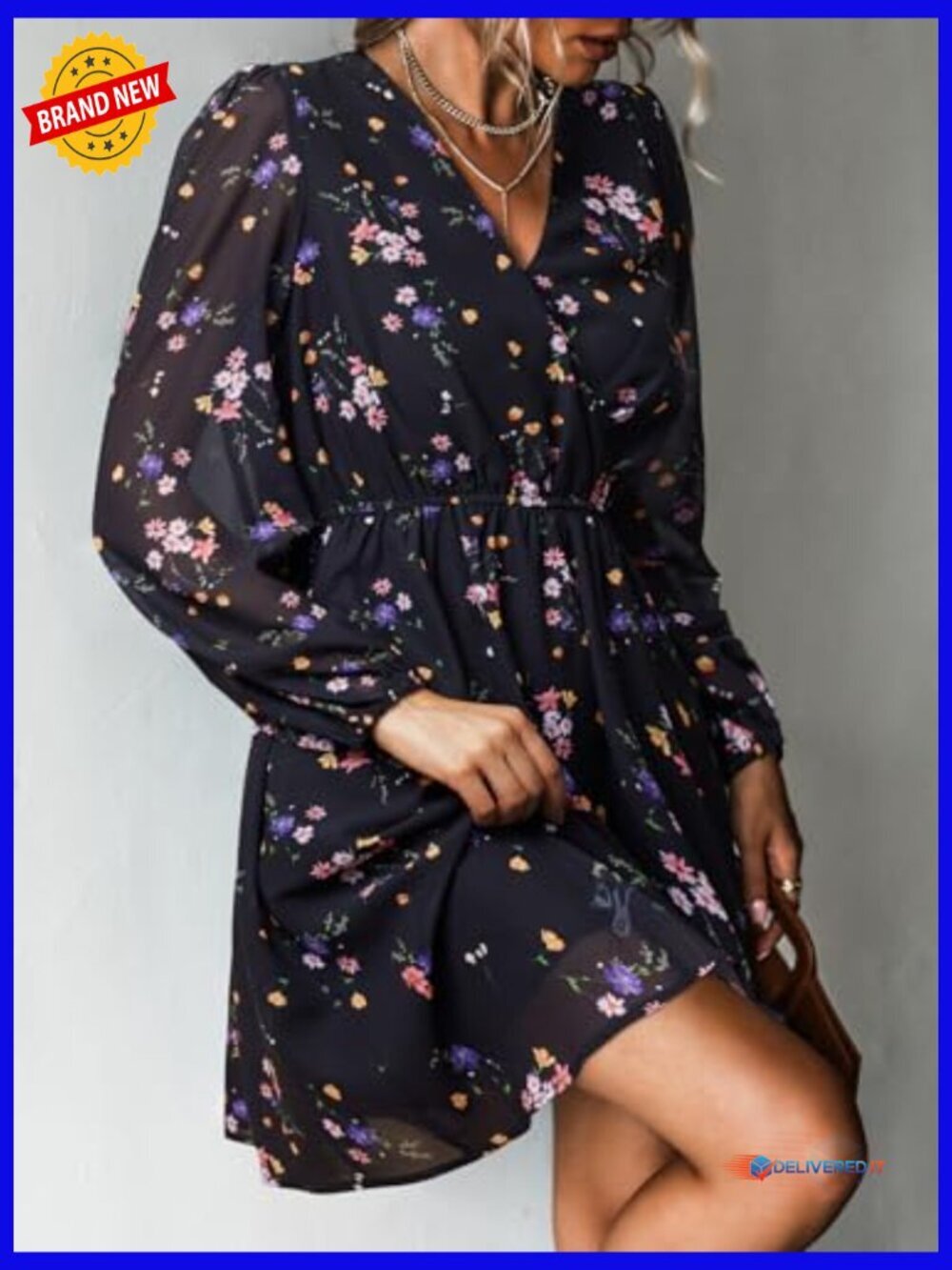 V Neck Chiffon Mini Dress Flowy Long Peasant Sleeve - Picture 4 of 6